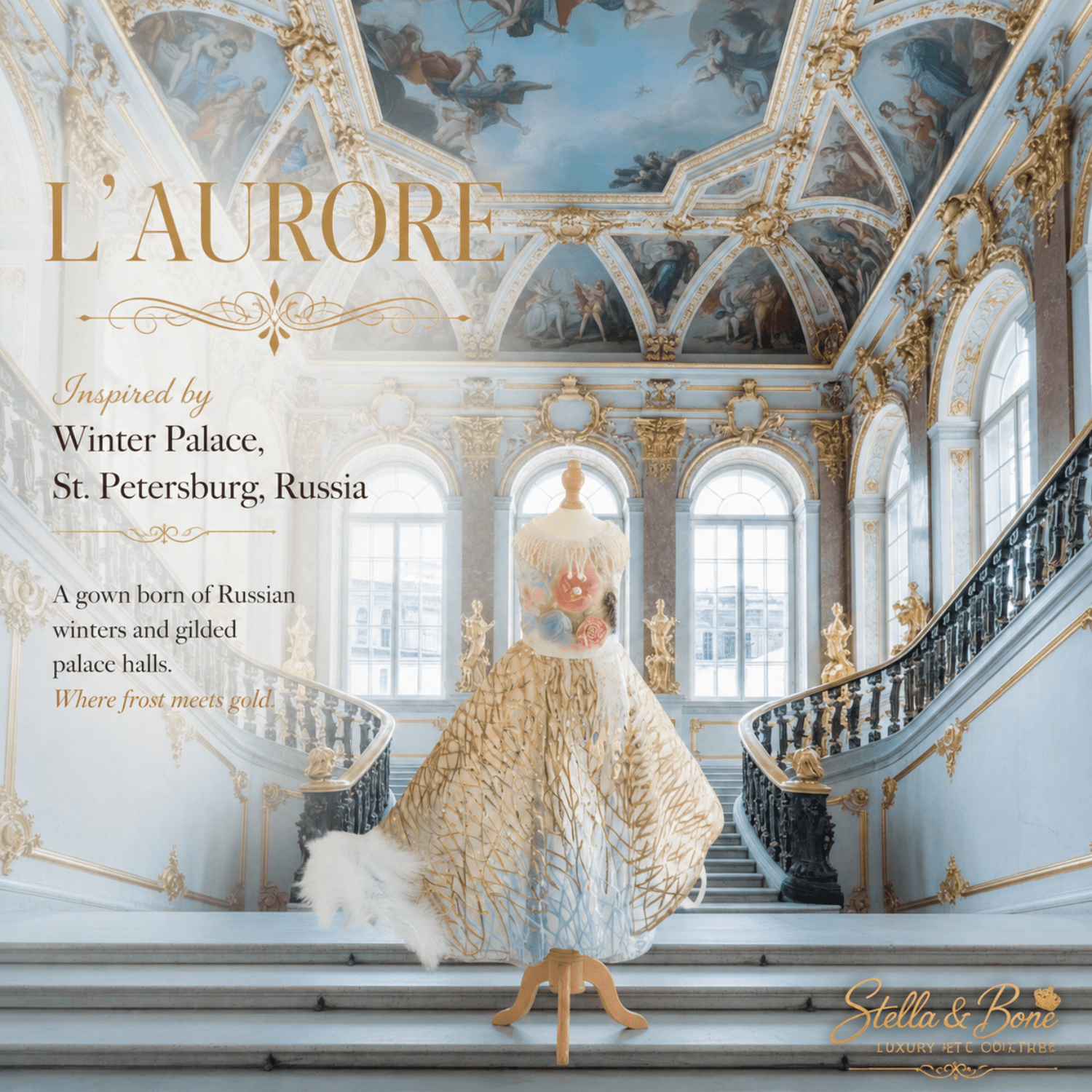 L Aurore close-up of gold sequin lattice skirt and feather trim — elegant dog wedding gown for special occasions