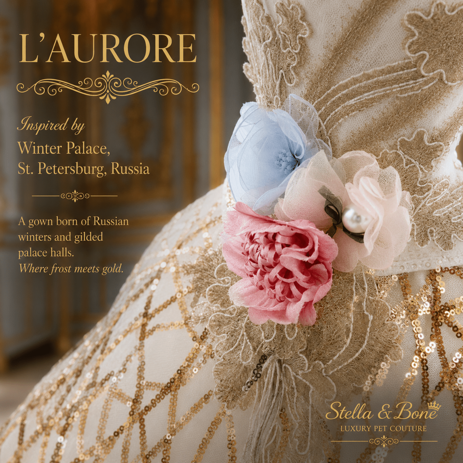 Close-up of L Aurore pink, white, and blue bows and shimmering gold pattern on the gown. Perfect for weddings
