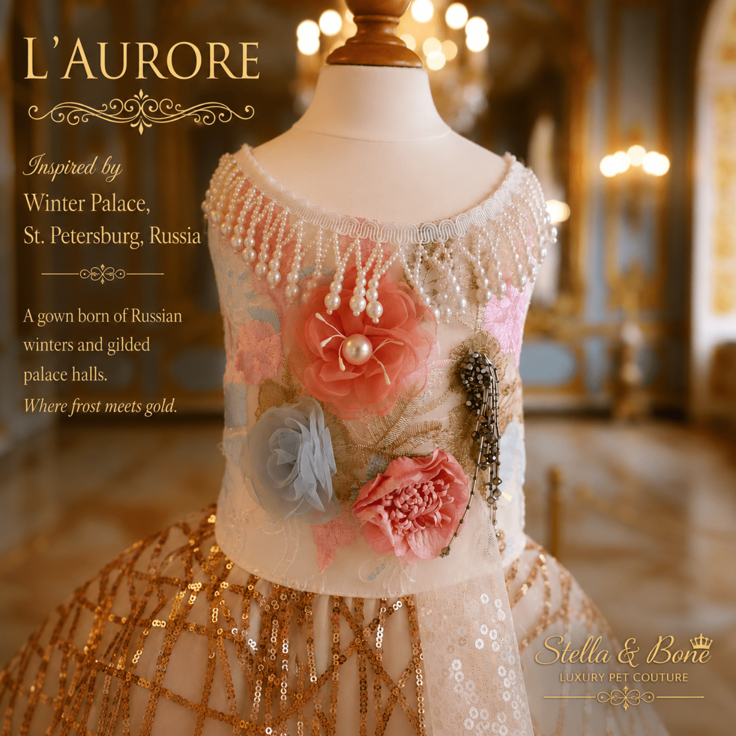 L Aurore floral corsage with pink blue roses and pearl detail — couture dog wedding dress bodice close-up.