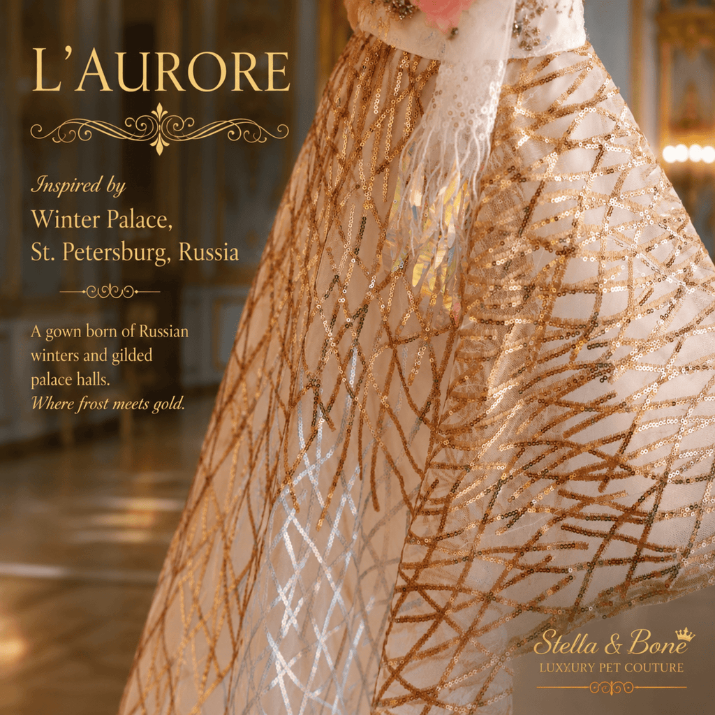 L Aurore close-up of shimmering gold geometric pattern with sheer white overlay, perfect dog gown for weddings and formal