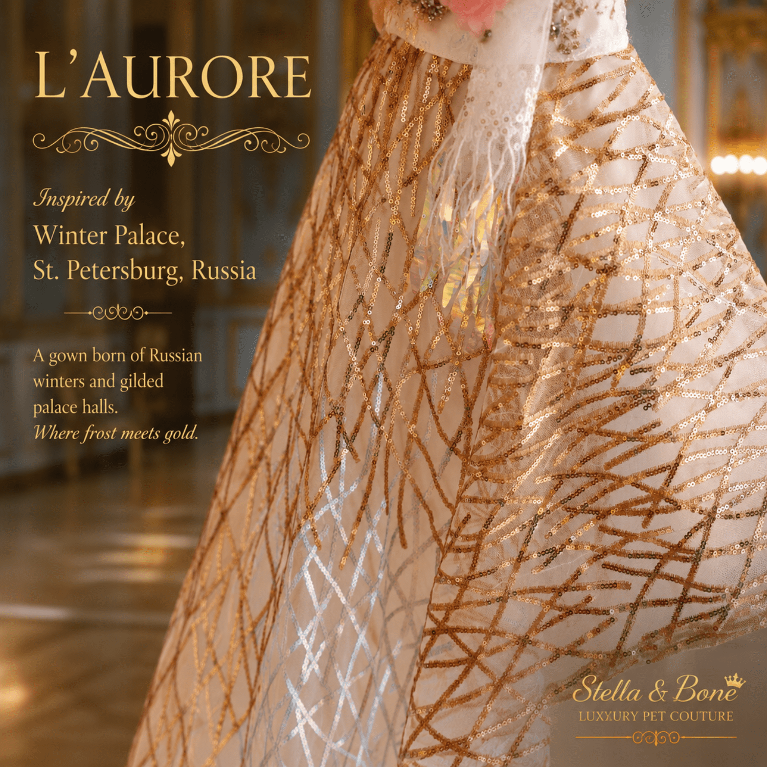 L Aurore close-up of shimmering gold geometric pattern with sheer white overlay, perfect dog gown for weddings and formal