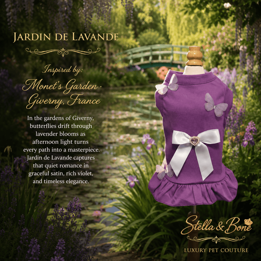 Purple pet dress, Jardin de Lavande. The dress has a white bow at the waist, white butterfly appliqués, and a ruffled hem.