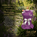 Purple pet dress, Jardin de Lavande. The dress has a white bow at the waist, white butterfly appliqués, and a ruffled hem.