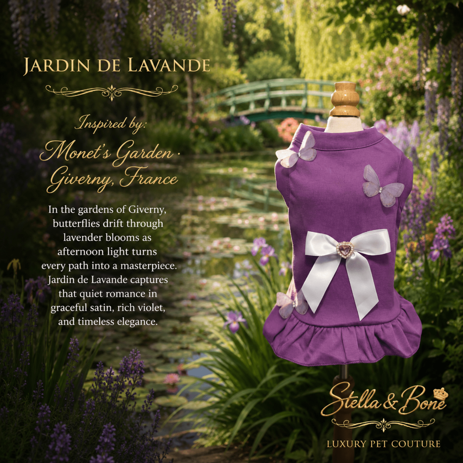 Purple pet dress, Jardin de Lavande. The dress has a white bow at the waist, white butterfly appliqués, and a ruffled hem.