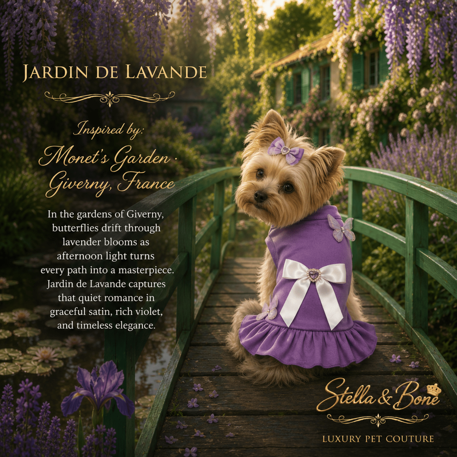Dog wearing Jardin De Lavande,  a lavender pet dress with a white bow sits on a green wooden bridge in a garden scene. 