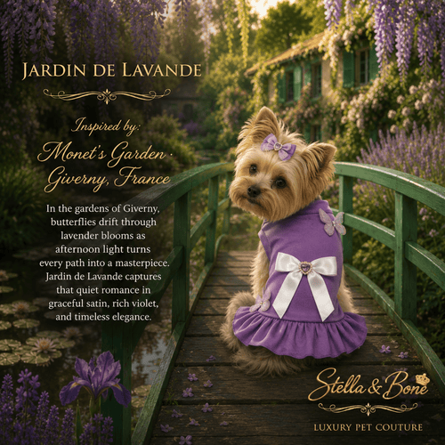 Dog wearing Jardin De Lavande,  a lavender pet dress with a white bow sits on a green wooden bridge in a garden scene. 