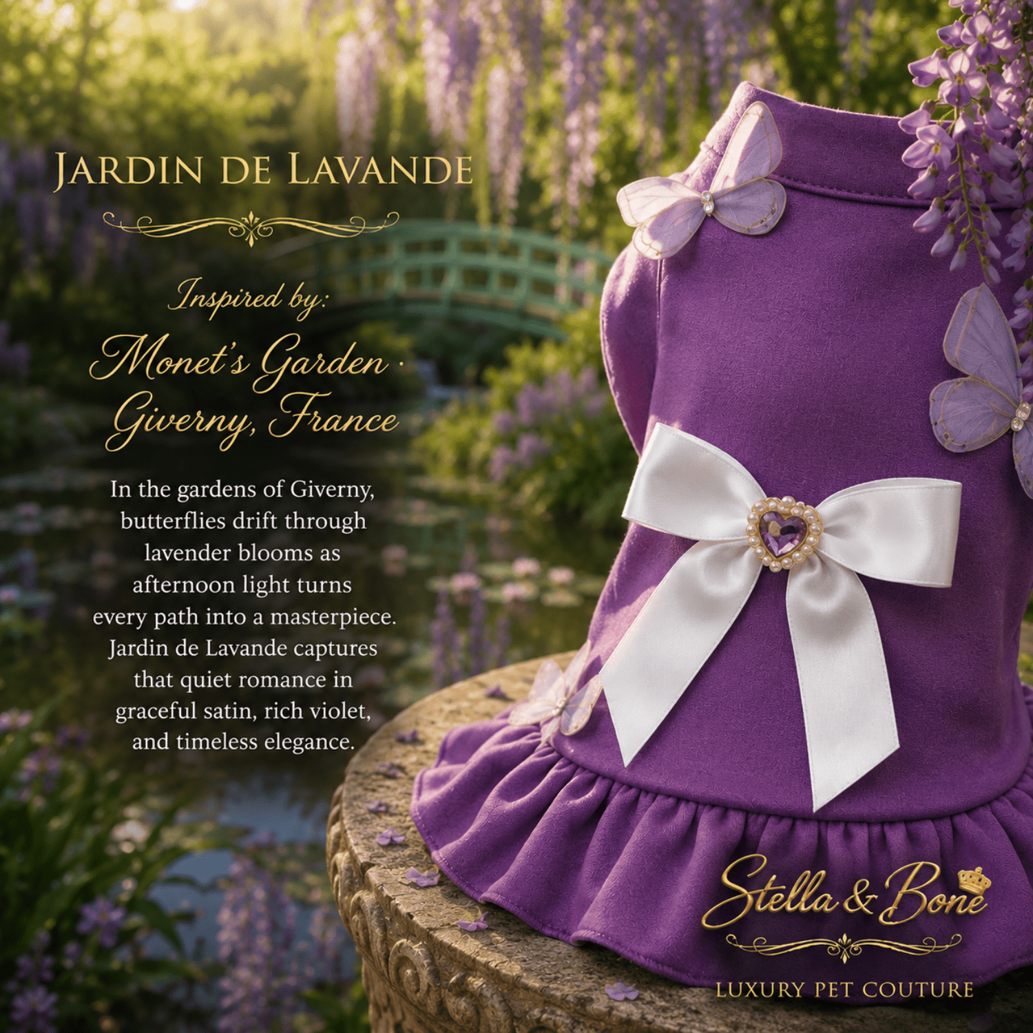 Purple pet dress, Jardin De Lavande with a white bow and butterfly embellishments In Giverny, France. Birthday fun