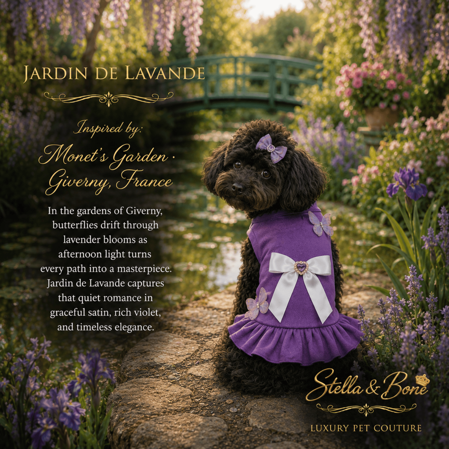 Dog wearing a purple dress, Jardin De Lavande with a large white bow and butterfly details, posed in a lush garden scene