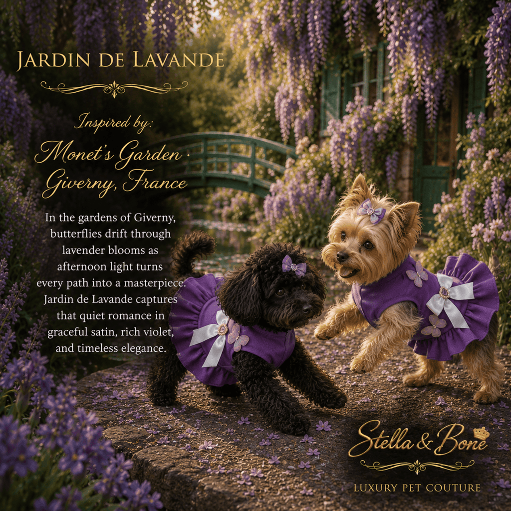 Two dogs wearing matching purple dresses, Jardin De Lavande with white bows pose in a lavender-filled garden path. 