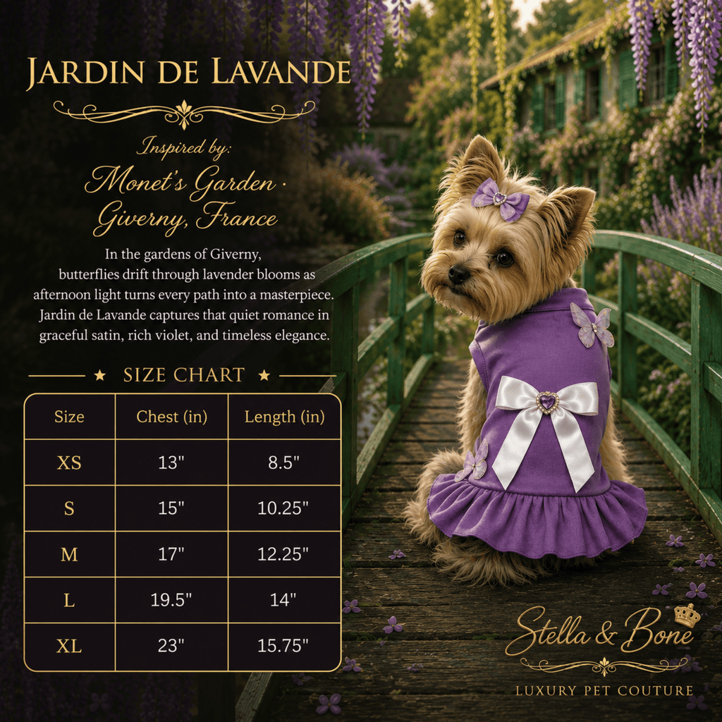 Jardin de Lavande size chart. Perfect pet dress for birthday and comfortable traveling