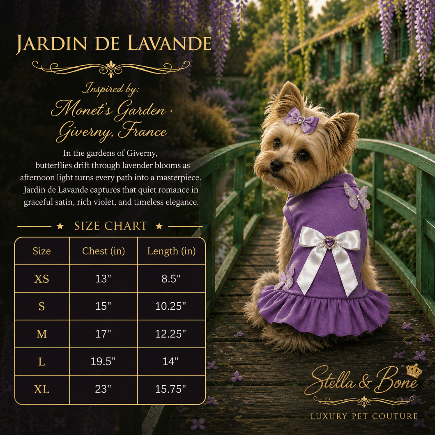 Jardin de Lavande size chart. Perfect pet dress for birthday and comfortable traveling