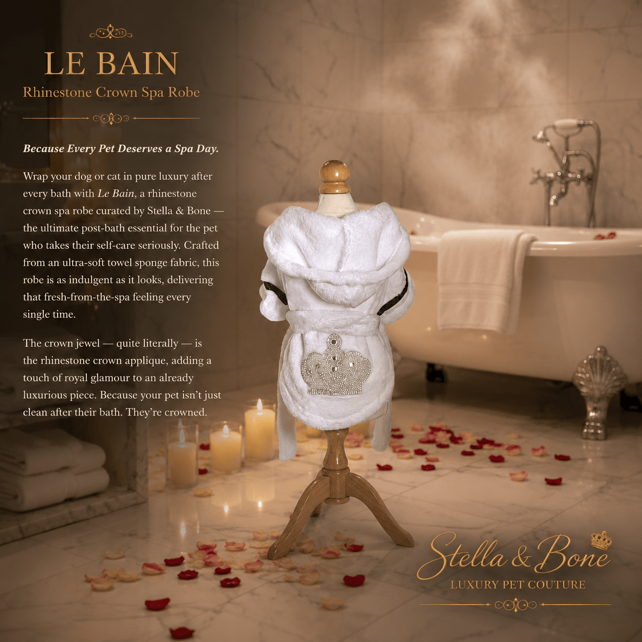 Le Bain white rhinestone crown pet spa robe on mannequin in candlelit marble bathroom with rose petals luxury dog cat robe