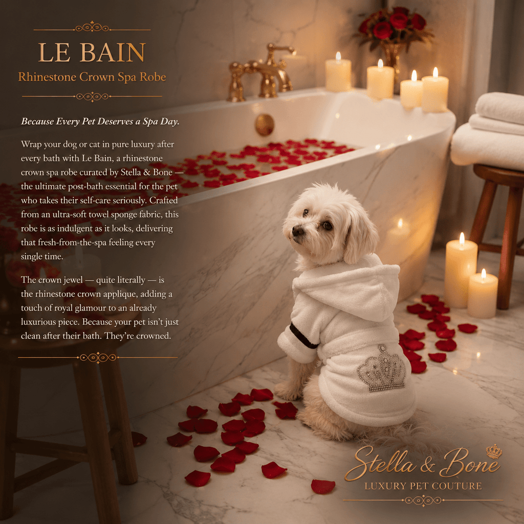 White Maltese wearing Le Bain rhinestone crown spa robe beside candlelit clawfoot tub with rose petals luxury dog bathrobe