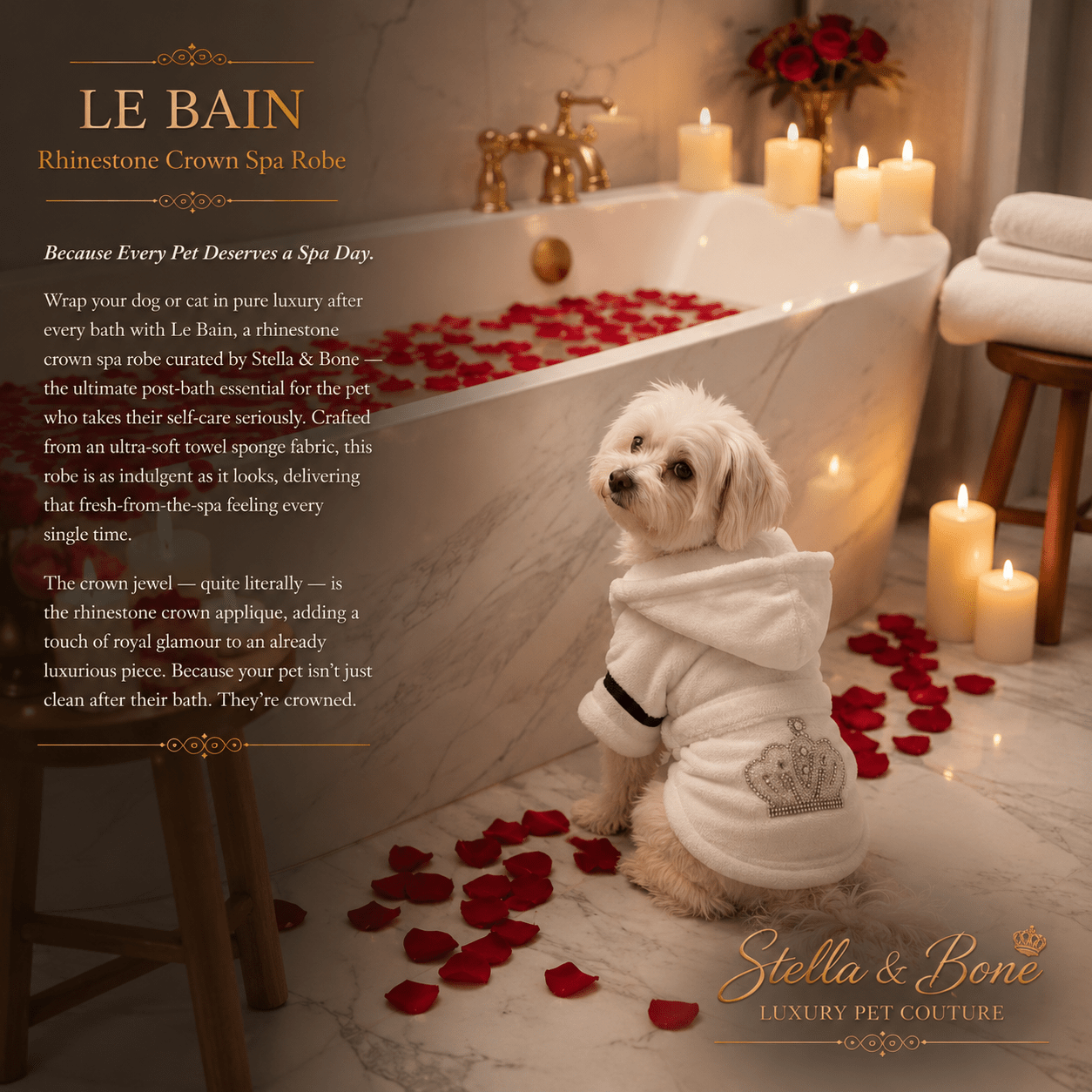 White Maltese wearing Le Bain rhinestone crown spa robe beside candlelit clawfoot tub with rose petals luxury dog bathrobe