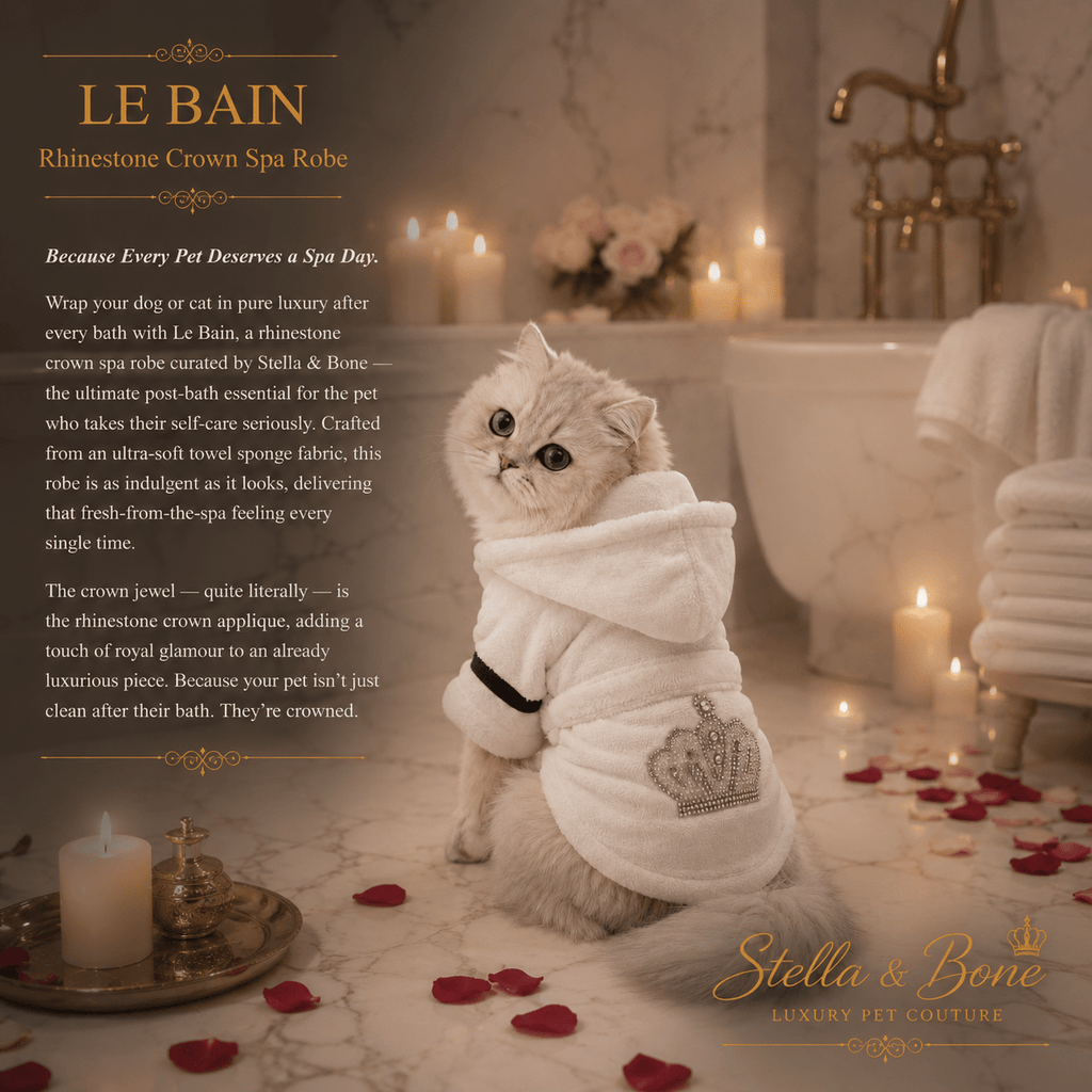 White Scottish Fold cat wearing Le Bain rhinestone crown spa robe beside gold clawfoot tub candles luxury cat bathrobe