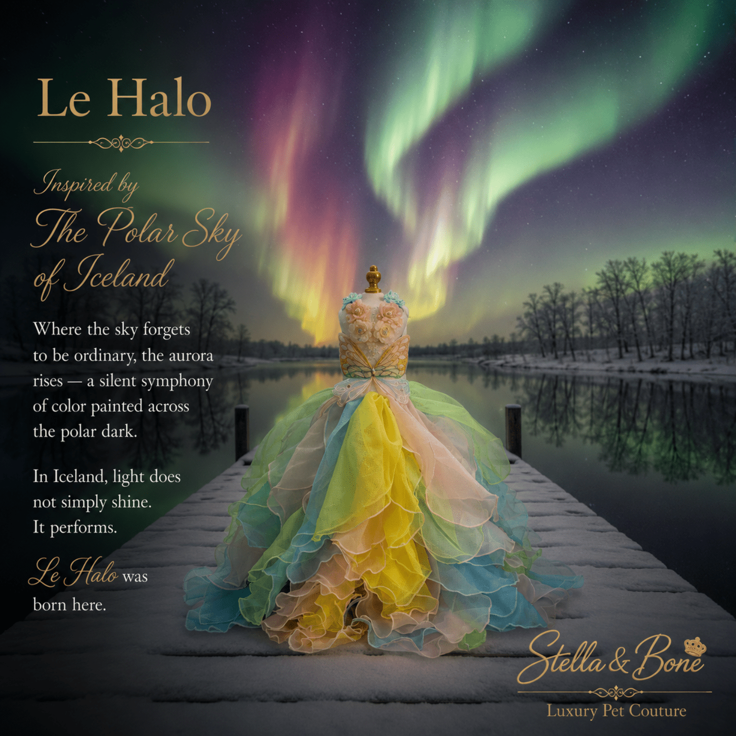 Le Halo, Pastel Organza Couture Dog Gown on a mannequin with stunning polar skies of Iceland. Perfect for special occasions