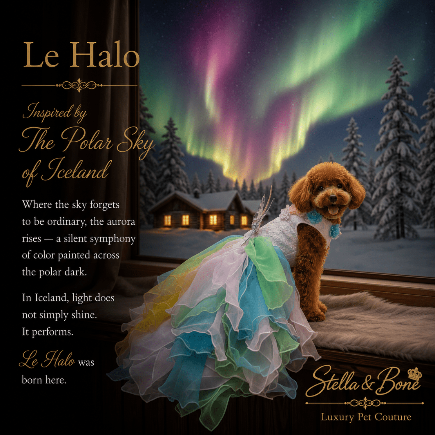 Small dog wearing Le Halo with a backdrop as the aurora borealis spilling over the skies in Iceland. Perfect for weddings