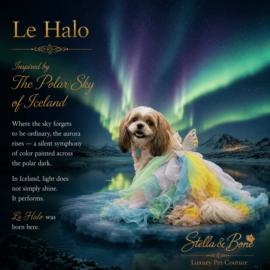 Small King Charles wearing the Le Halo gown curated by Stella and Bone in Iceland. Great for weddings, special occasions
