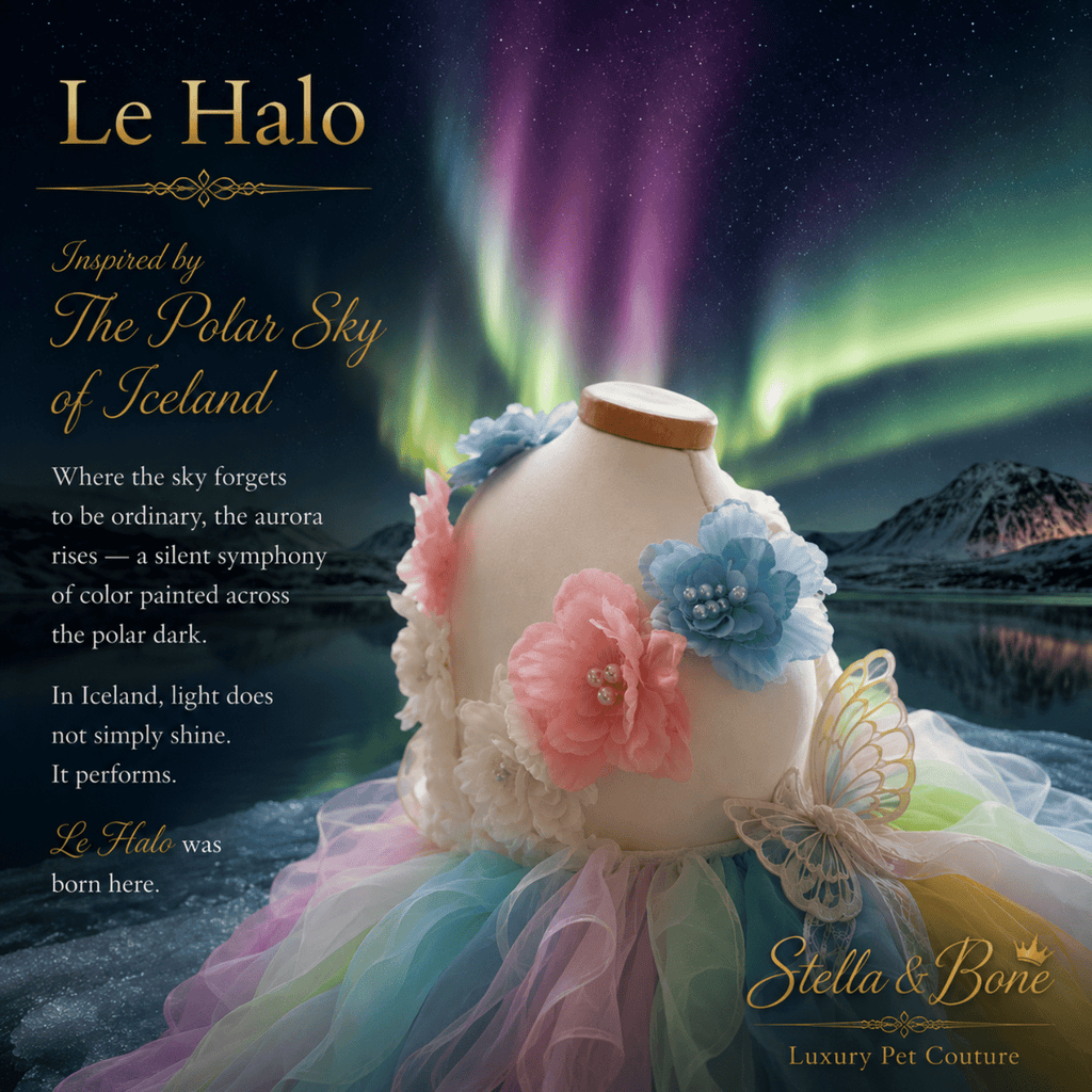 Detail closeup of Le Halo, a  Pastel Organza Couture Dog Gown curated by Stella and Bone. Luxury Pet Couture. Weddings