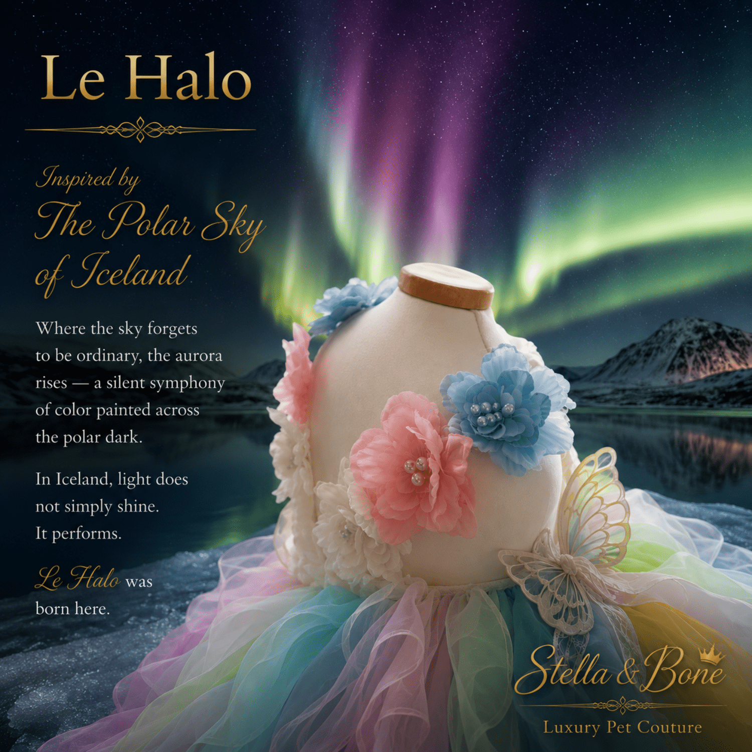 Detail closeup of Le Halo, a  Pastel Organza Couture Dog Gown curated by Stella and Bone. Luxury Pet Couture. Weddings