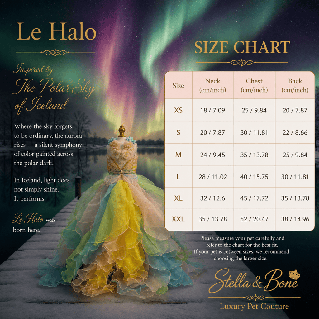 Le Halo size chart for Pastel Organza Couture Dog Gown curated by Stella and Bone. Luxury Pet Couture.