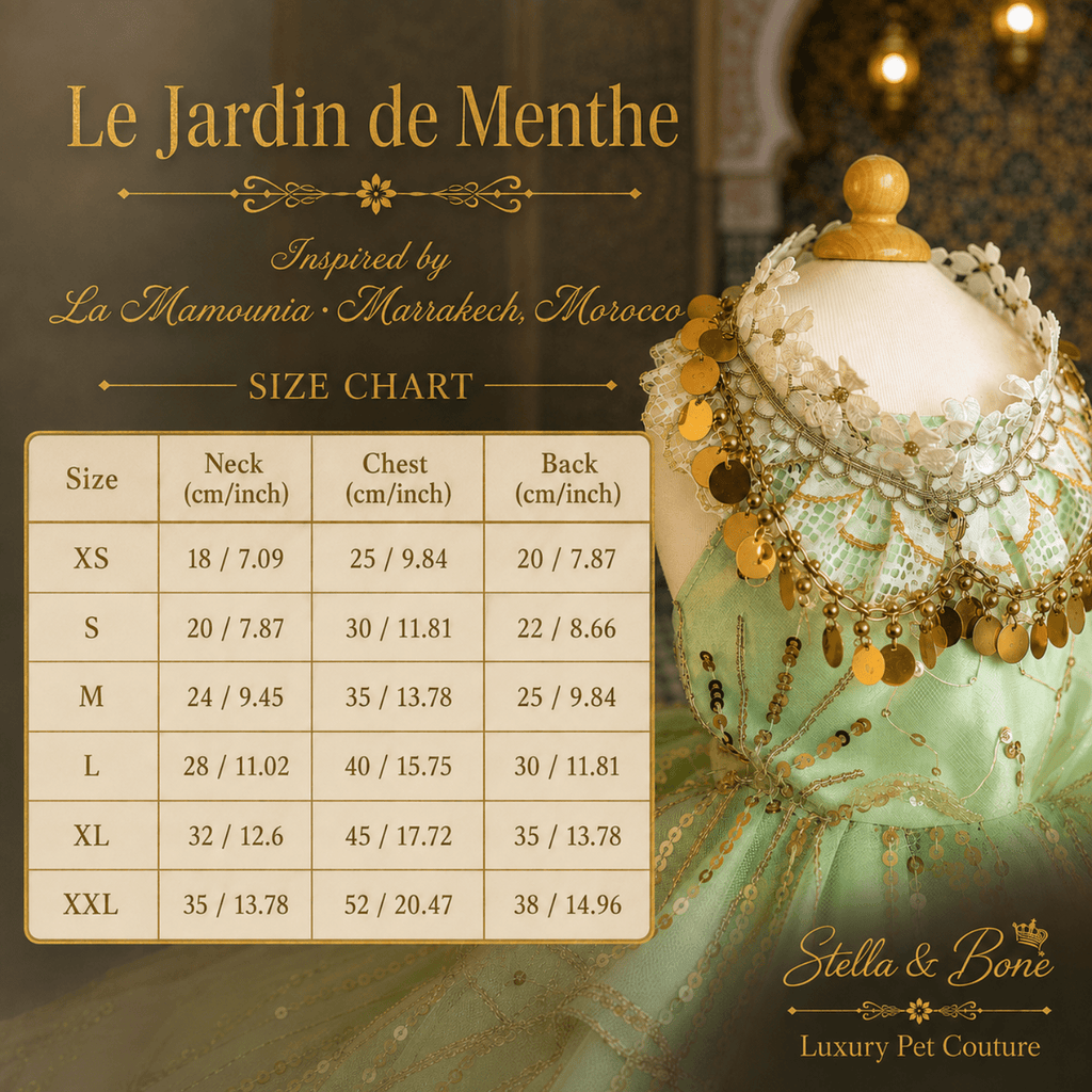 Size chart for Le Jardin de Menthe mint green dog dress. XS-XXL. Great for birthdays, parties, photoshoots