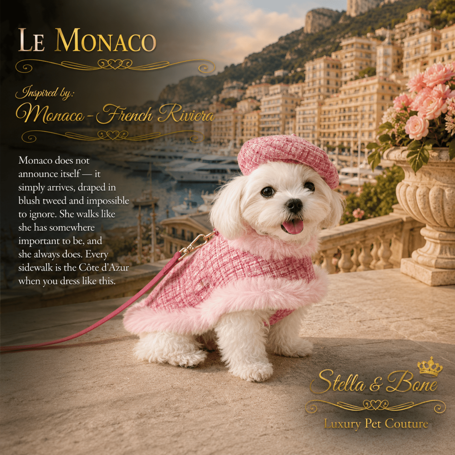 A dog wearing a pink tweed jacket, Le Monaco, and matching pink hat sits on a stone terrace with a coastal city in Monaco
