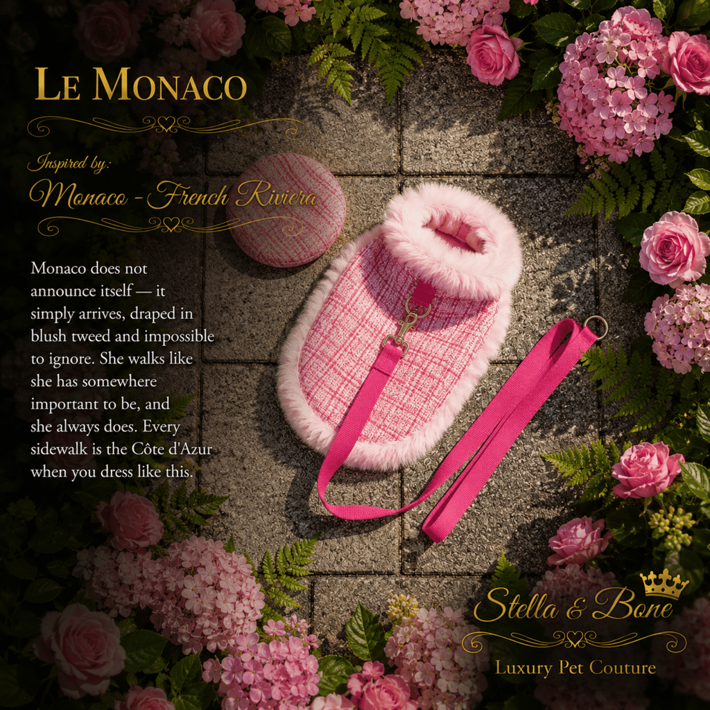 A blush tweed pet set, Le Monaco, with fluffy white trim and a matching pink leash, styled on a stone surface 