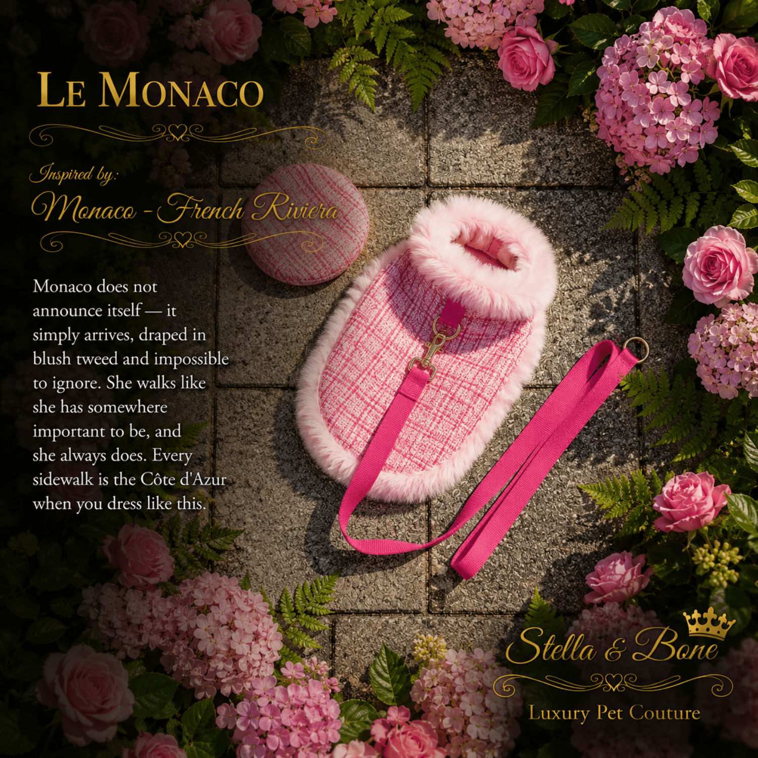 A blush tweed pet set, Le Monaco, with fluffy white trim and a matching pink leash, styled on a stone surface 
