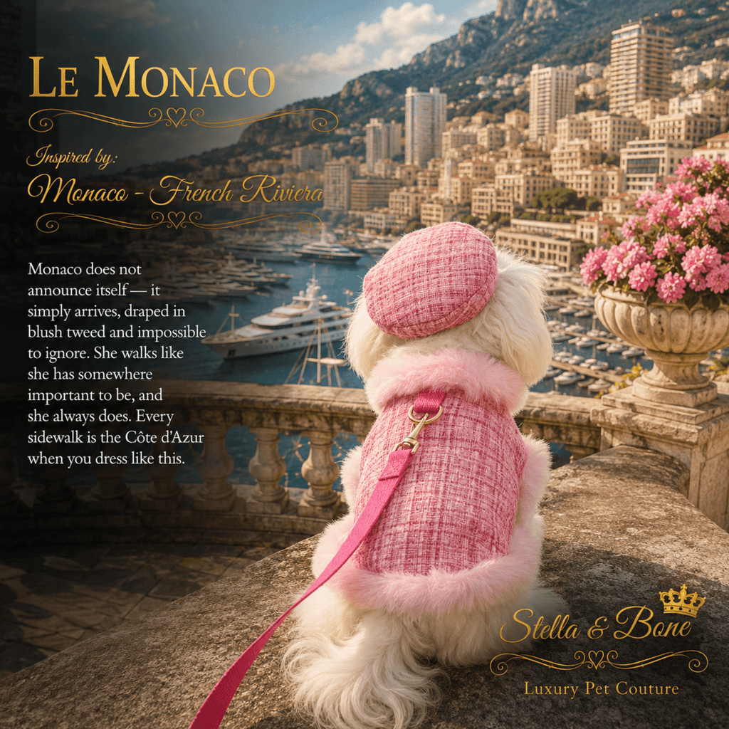 A dog seen from behind wearing Le Monaco, pink tweed jacket and matching pink hat, sitting on a stone terrace