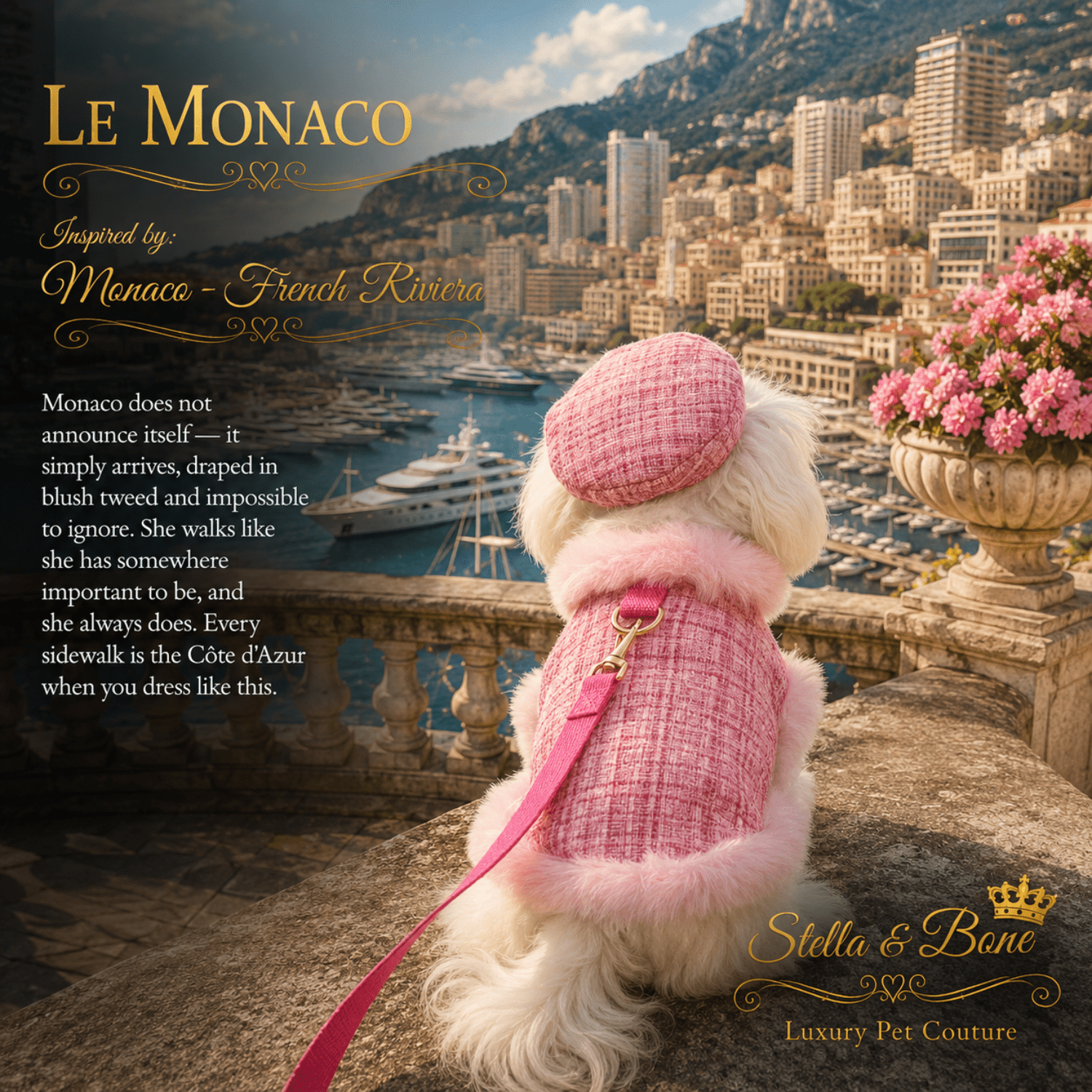 A dog seen from behind wearing Le Monaco, pink tweed jacket and matching pink hat, sitting on a stone terrace