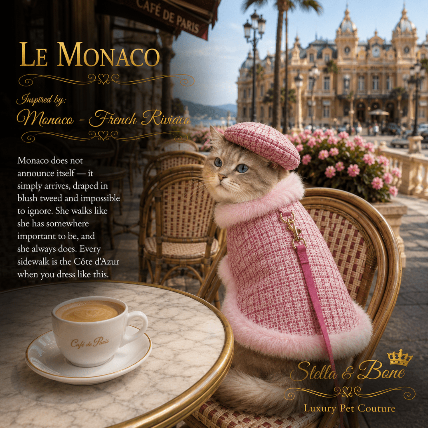 A cat dressed in a pink tweed jacket and matching hat sits at a cafe table in a luxurious outdoor setting, Le Monaco
