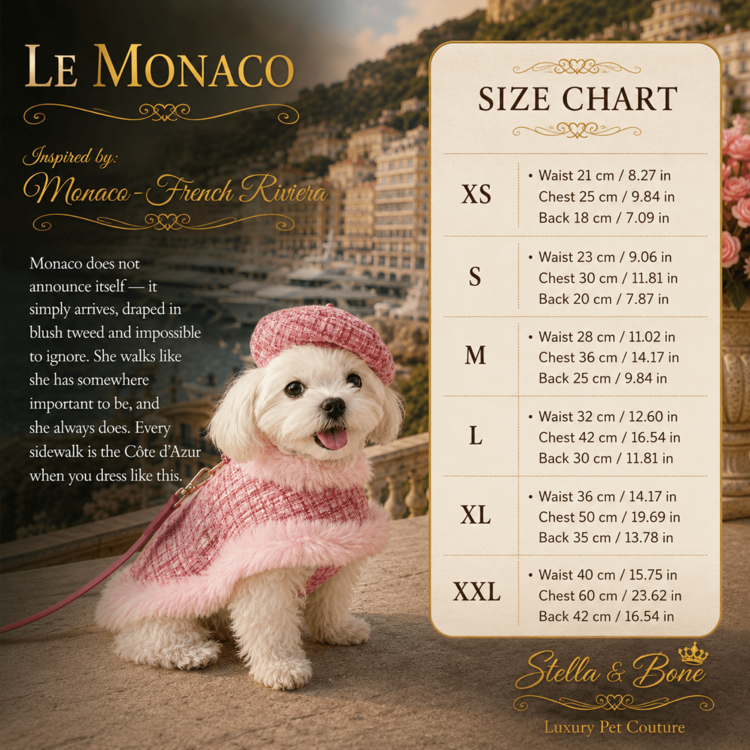 Size chart for a pet coat named Le Monaco curated by Stella and Bone, featuring a  dog wearing a pink knit coat in Monaco