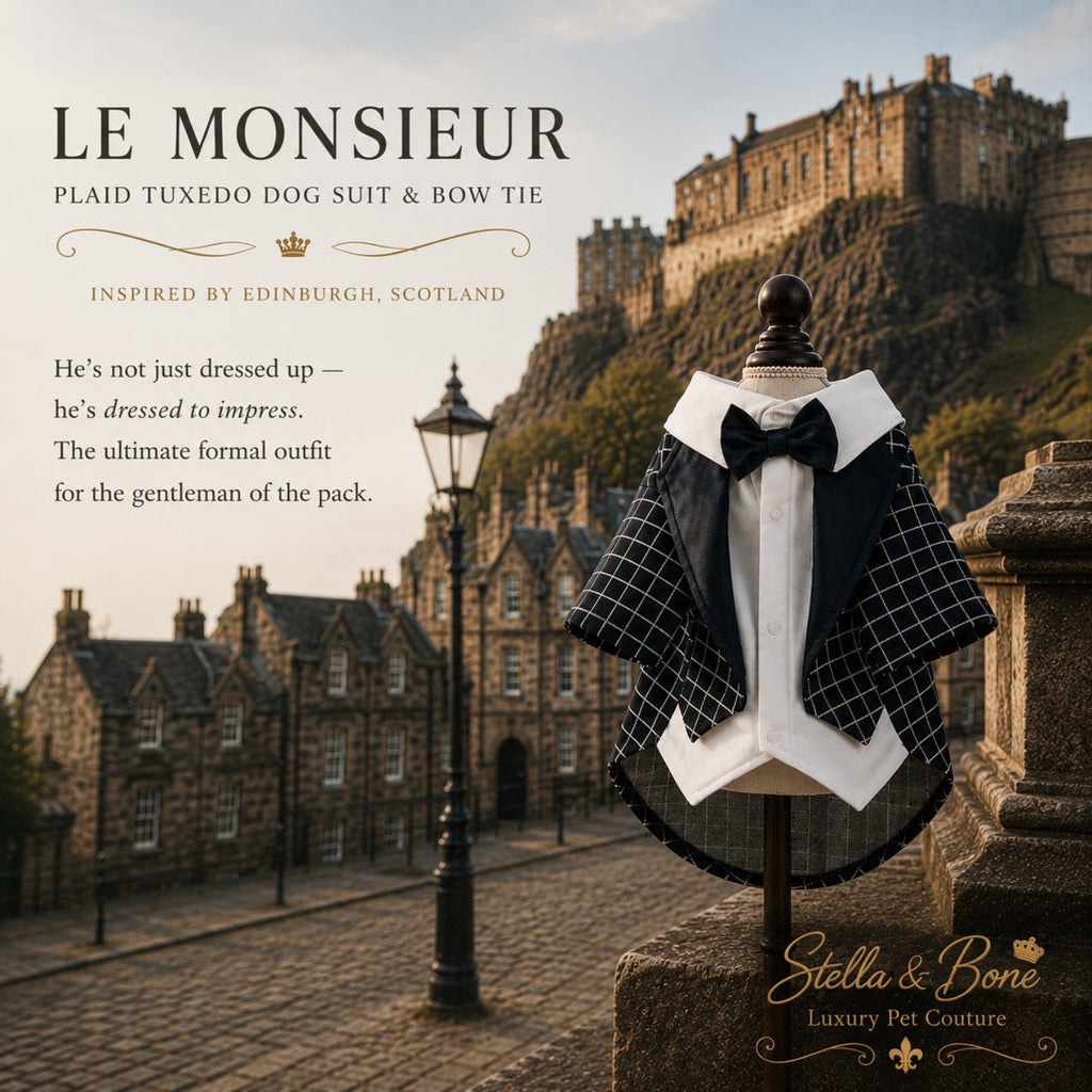 Le Monsieur tuxedo outfit, featuring a black and white plaid cape jacket, white shirt, and black bow tie for dogs