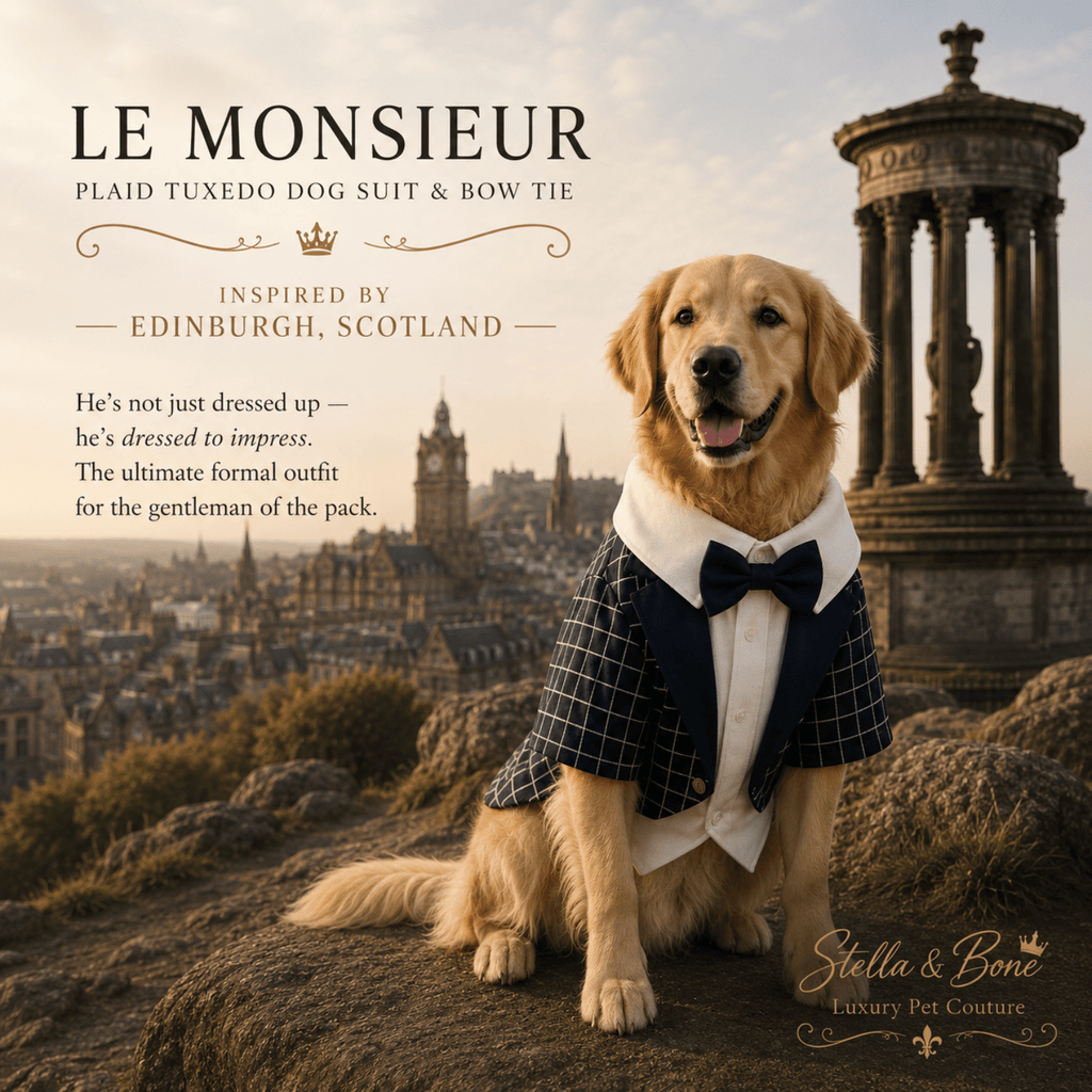 Dog wearing Le Monsieur, classic plaid tuxedo jacket with layered-look shirt detail. Great for photoshoot or dog of honor