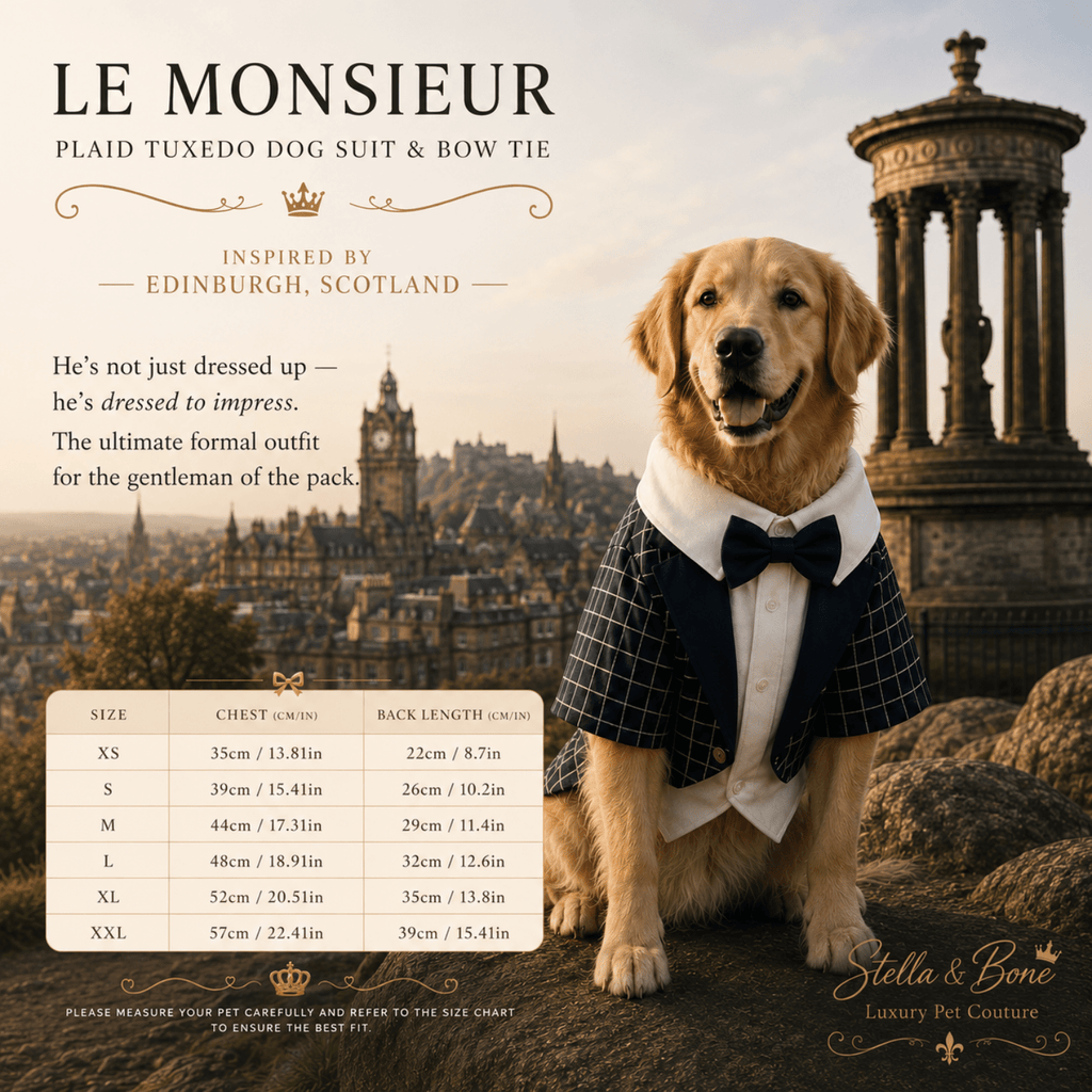 Size chat for Le Monsieur, a formal plaid tuxedo style outfit with a bow tie. Perfect for dog of honor wedding attire, formal