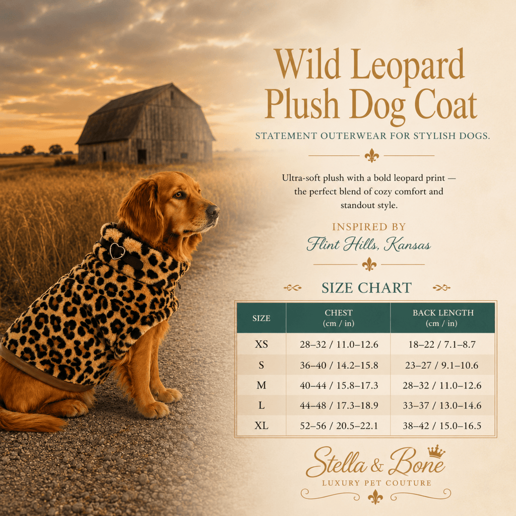 Wild Leopard Plush Dog Coat size chart in XS-XL - great for those cold morning and evening walks or just lounging