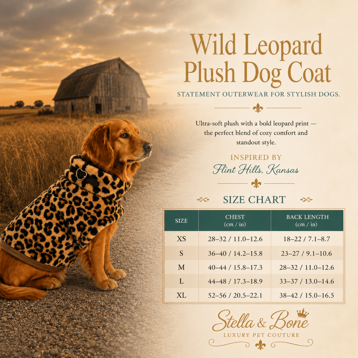 Wild Leopard Plush Dog Coat size chart in XS-XL - great for those cold morning and evening walks or just lounging