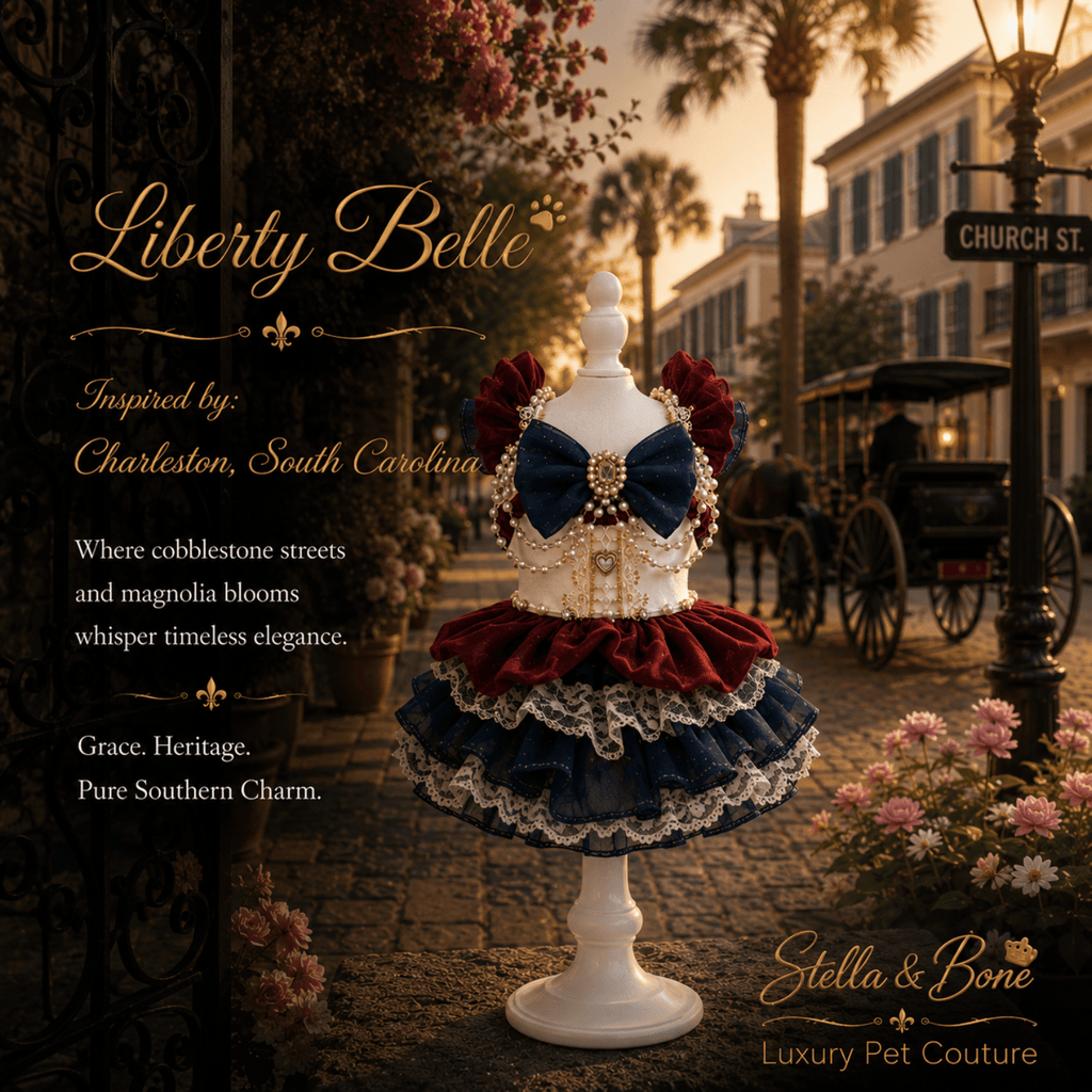 Liberty Belle dog outfit displayed in Charleston, South Carolina. Satin, lace, and pearl with gold embroidery. Snap closure