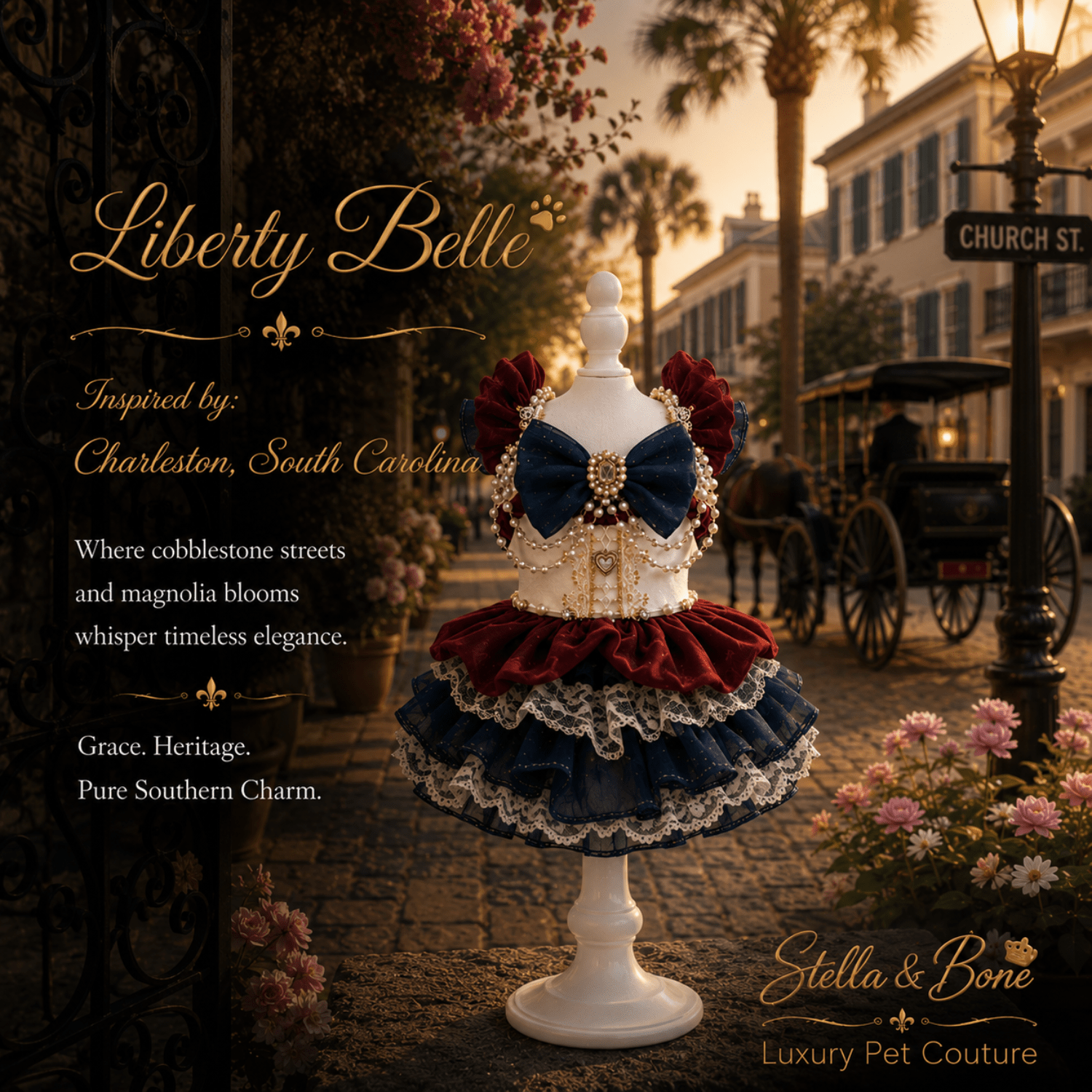 Liberty Belle dog outfit displayed in Charleston, South Carolina. Satin, lace, and pearl with gold embroidery. Snap closure