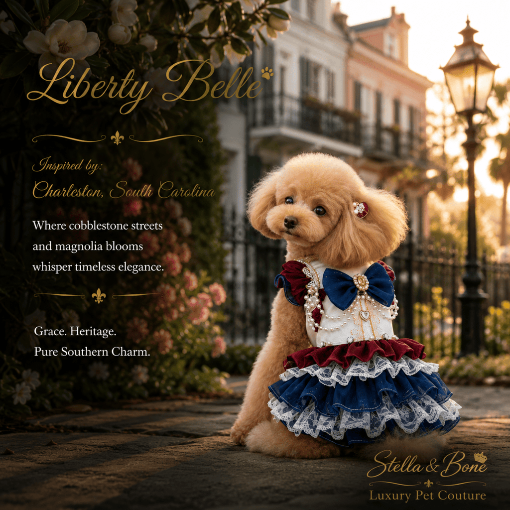 Dog wearing Liberty Belle in Charleston, South Carolina. Great for America's birthday year, celebrations, birthday