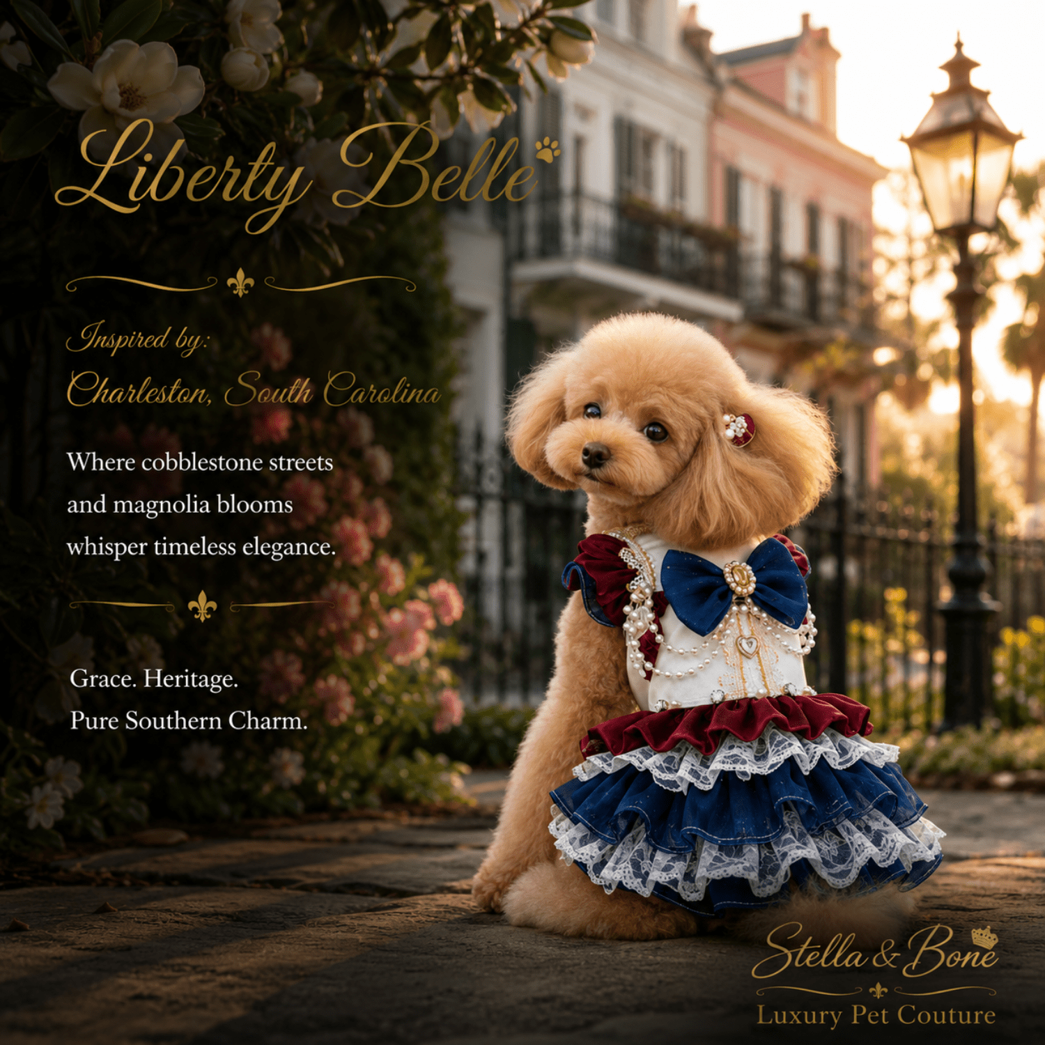 Dog wearing Liberty Belle in Charleston, South Carolina. Great for America's birthday year, celebrations, birthday