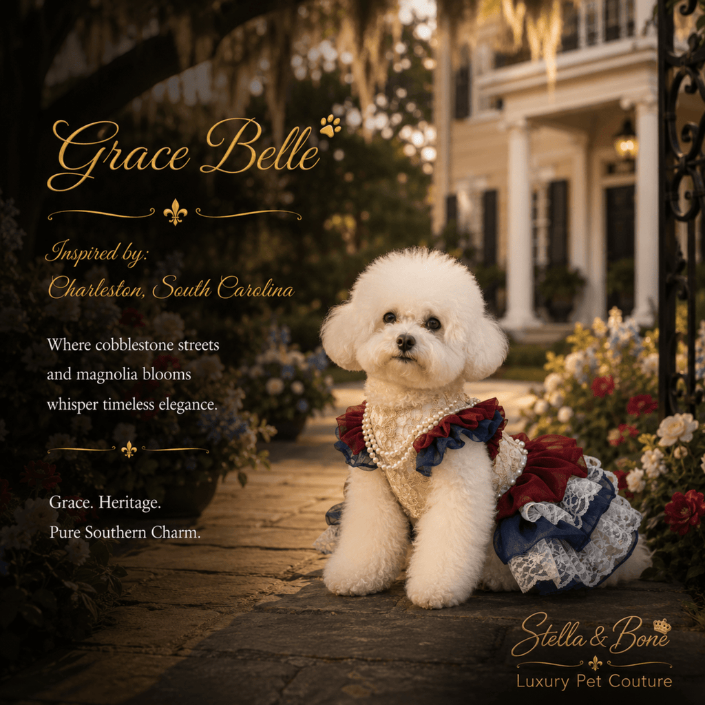 Dog wearing Liberty Belle in Charleston. Layered ruffle tutu, for dogs and cats. Perfect for weddings, garden parties