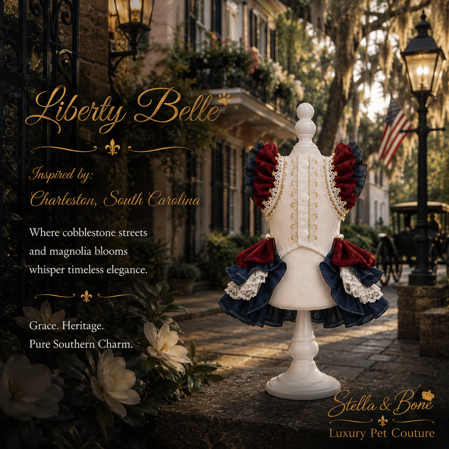 Back of Liberty Belle for dogs and cats. Perfect for holiday celebrations and special occasions. Everyday luxury