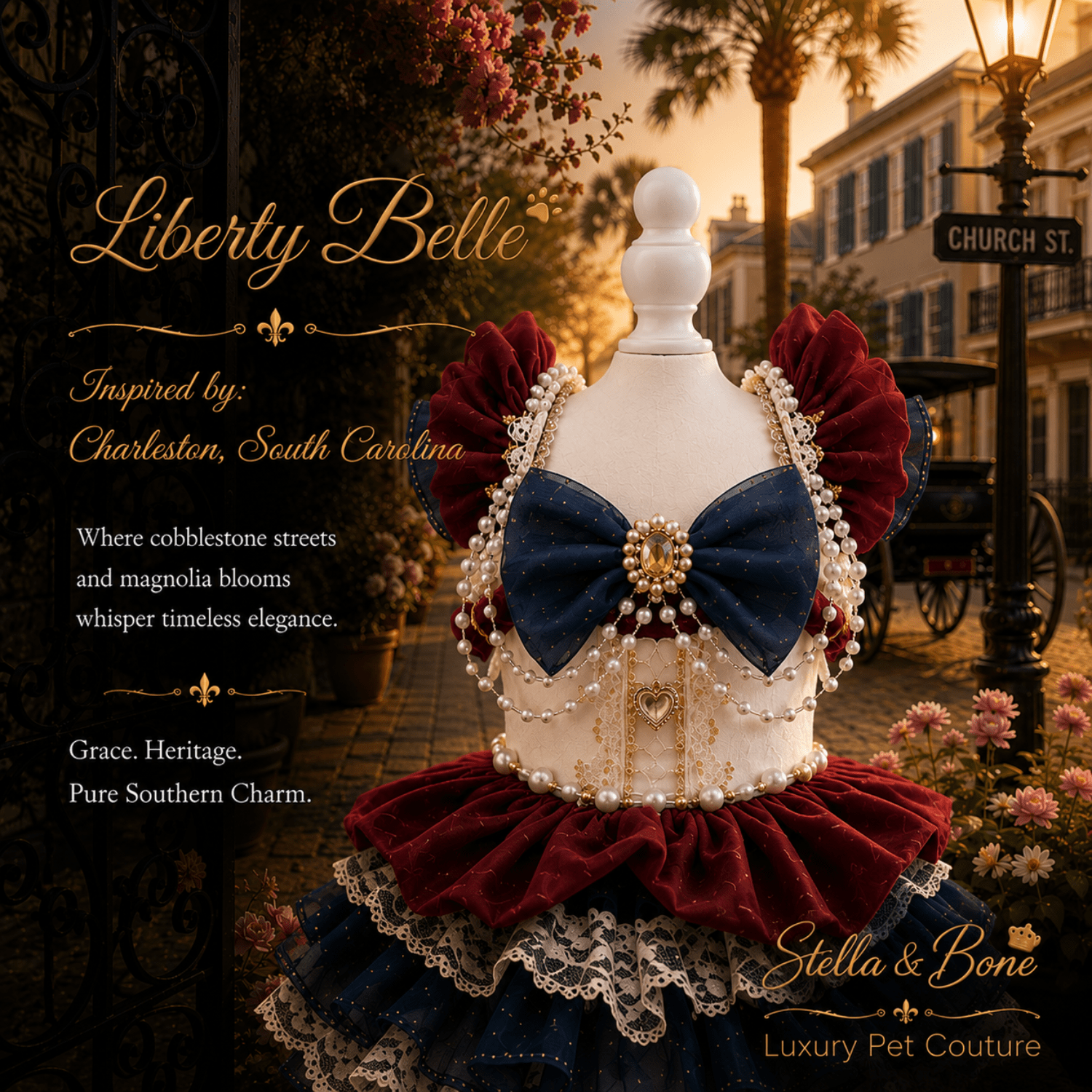 Close-up detail of Liberty Belle dog and cat dress. Patriotic-red, white, and blue. Perfect for special occasions