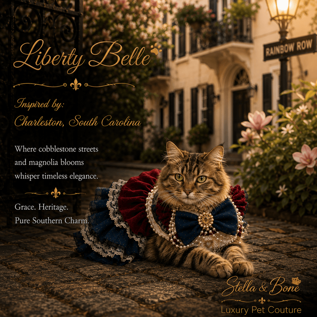 Cat wearing Liberty Belle dress with a jeweled bow centerpiece. Perfect for editorial photoshoots, special occasions, wedding