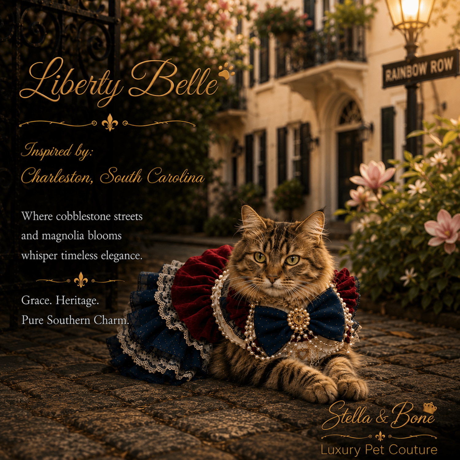 Cat wearing Liberty Belle dress with a jeweled bow centerpiece. Perfect for editorial photoshoots, special occasions, wedding
