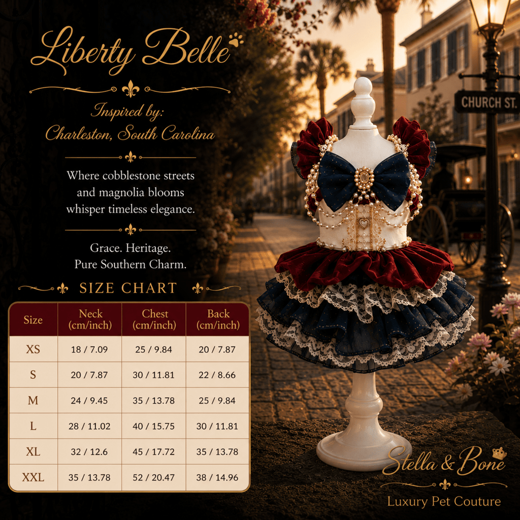 Size chart fo Liberty Belle lace tutu pet dress. Center gemstone and pearl embellishments. Great for parties.