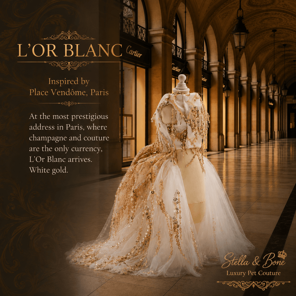 L Or Blanc on a mannequin in Vendome, Paris. Stunning white gold gown for dogs. Sheer perfection for weddings