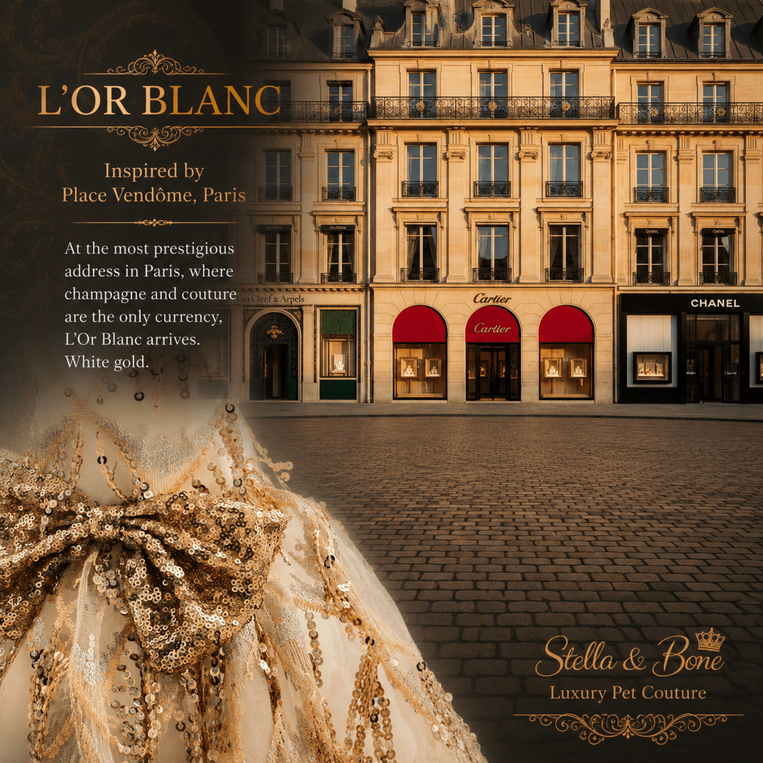 L Or Blanc closeup detail - white gold luxury couture gown for dogs with a backdrop of Vendome, Paris. Stella and Bone